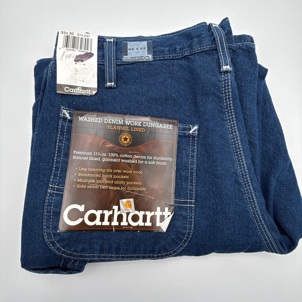 Carhartt Flannel Lined Work Dungaree Denim‎ Jeans B14 DST Mens 33X30 NWT NOS
